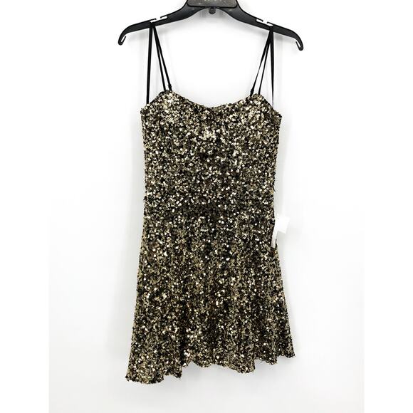 B.DARLIN Juniors Sequined A-Line Mini Dress 9/10 Black Gold Sleeveless NWT - Picture 3 of 9